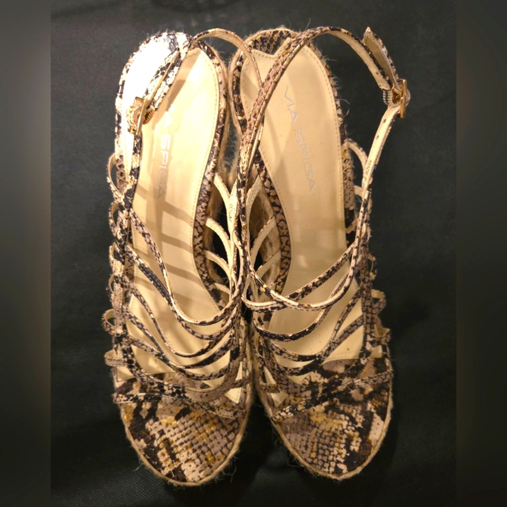 Via Spiga Size 8.5 M TANDY Snake Print Leather Wedge Heel Sandals Womens Shoes